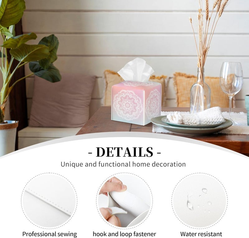 sndheke Pink Boho Mandala Flower Tissue Box Cover Square,Abstract Mandala Floral Tissue Box Holder Waterproof Leather Facial Paper Organizer Dispenser for Bathroom Home Car Nightstand Vanity Desk - Image 3